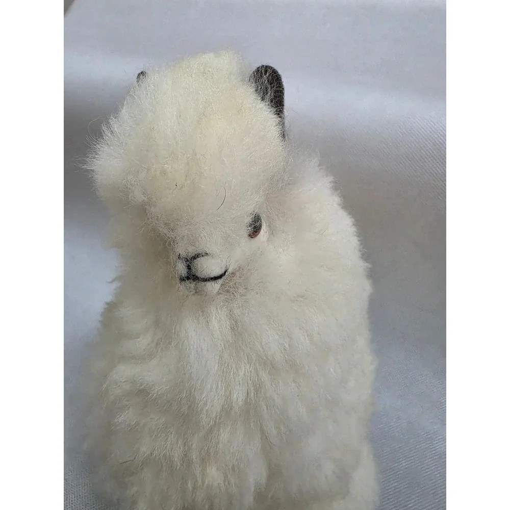 Vintage Handmade Real Alpaca Fur Llama Figurine White Small Stuffed Toy